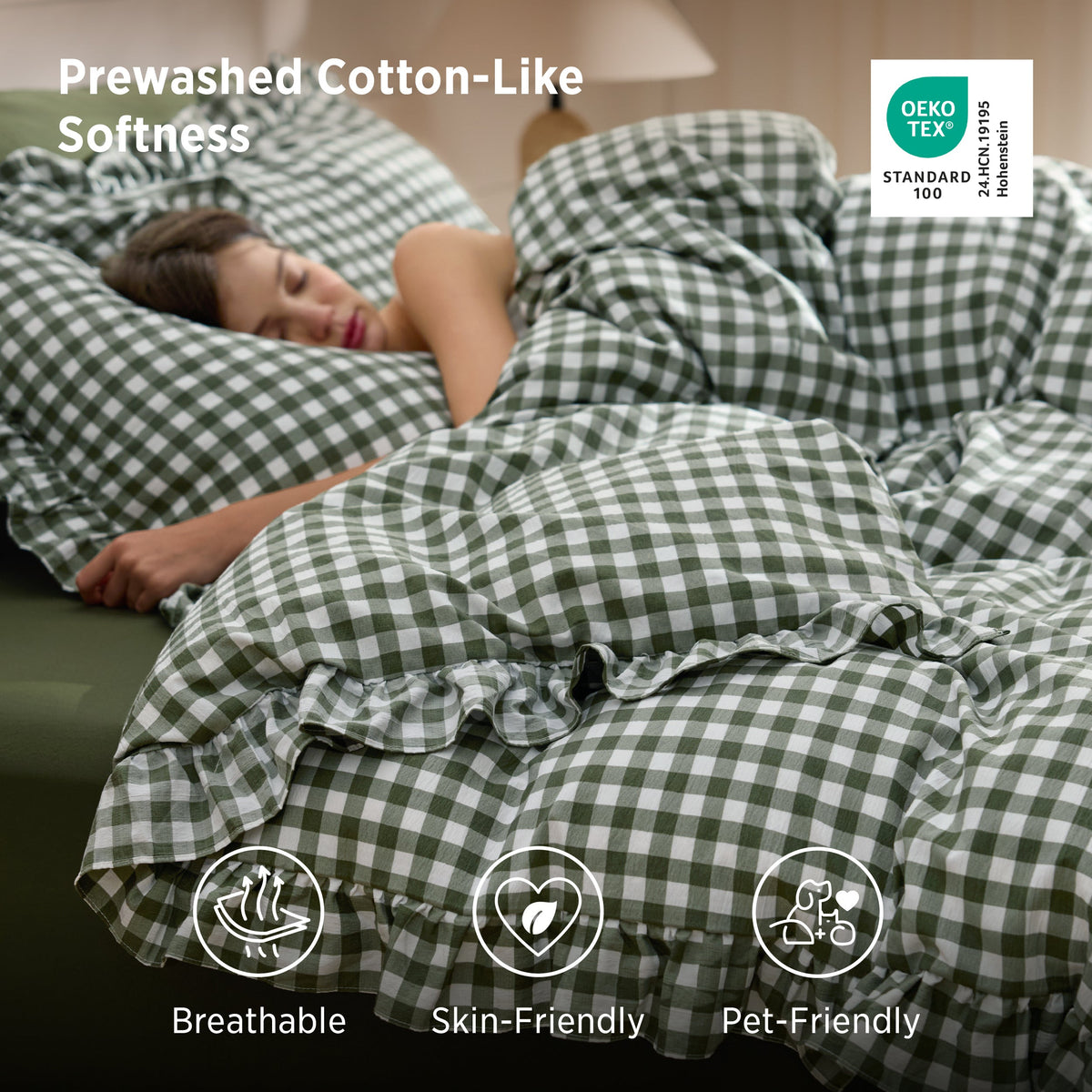 Ruffled Cotton-Like Gingham Duvet Cover Set