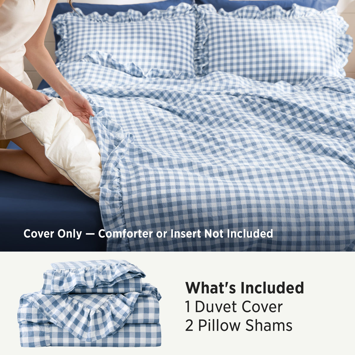 Ruffled Cotton-Like Gingham Duvet Cover Set