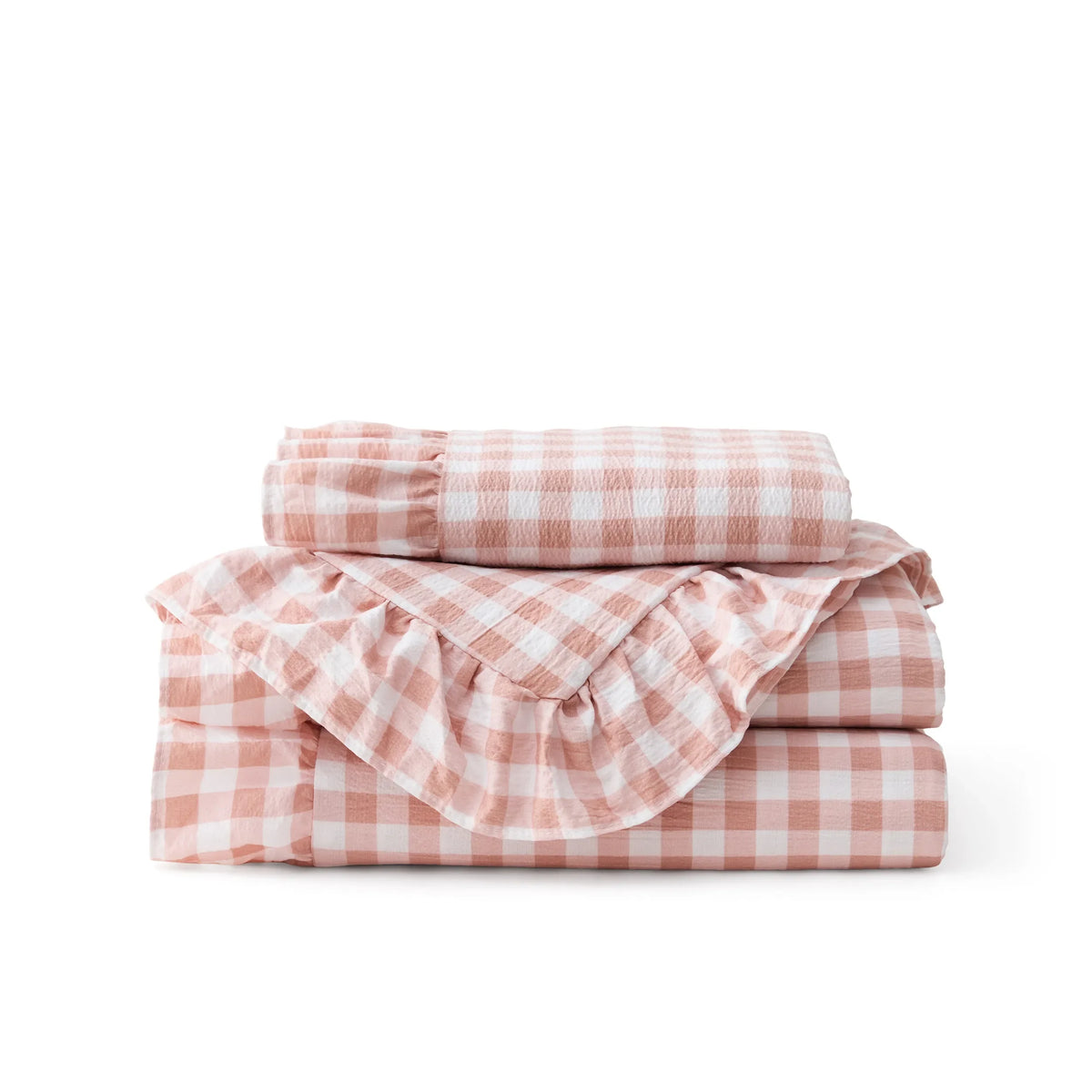 Ruffled Cotton-Like Gingham Duvet Cover Set