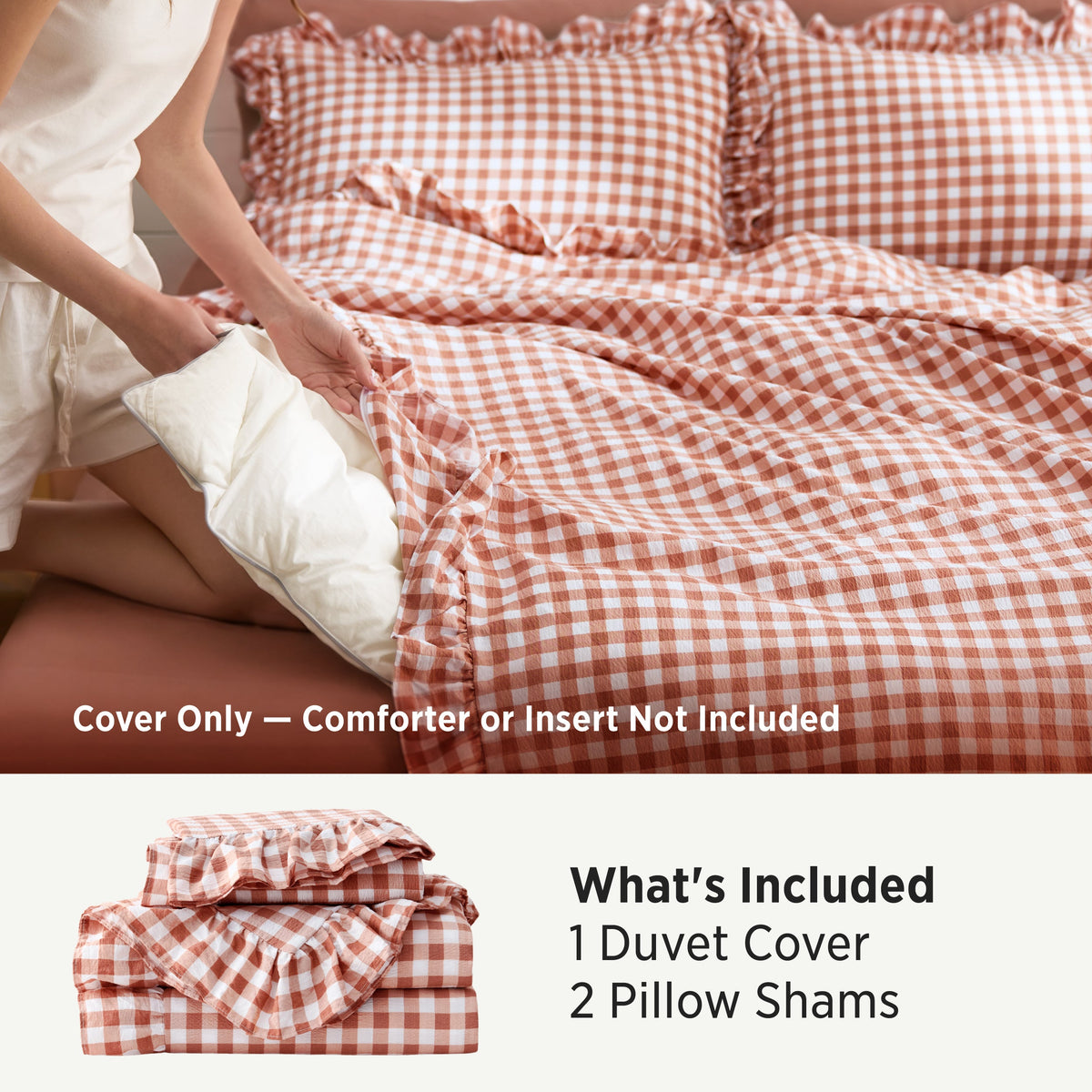 Ruffled Cotton-Like Gingham Duvet Cover Set