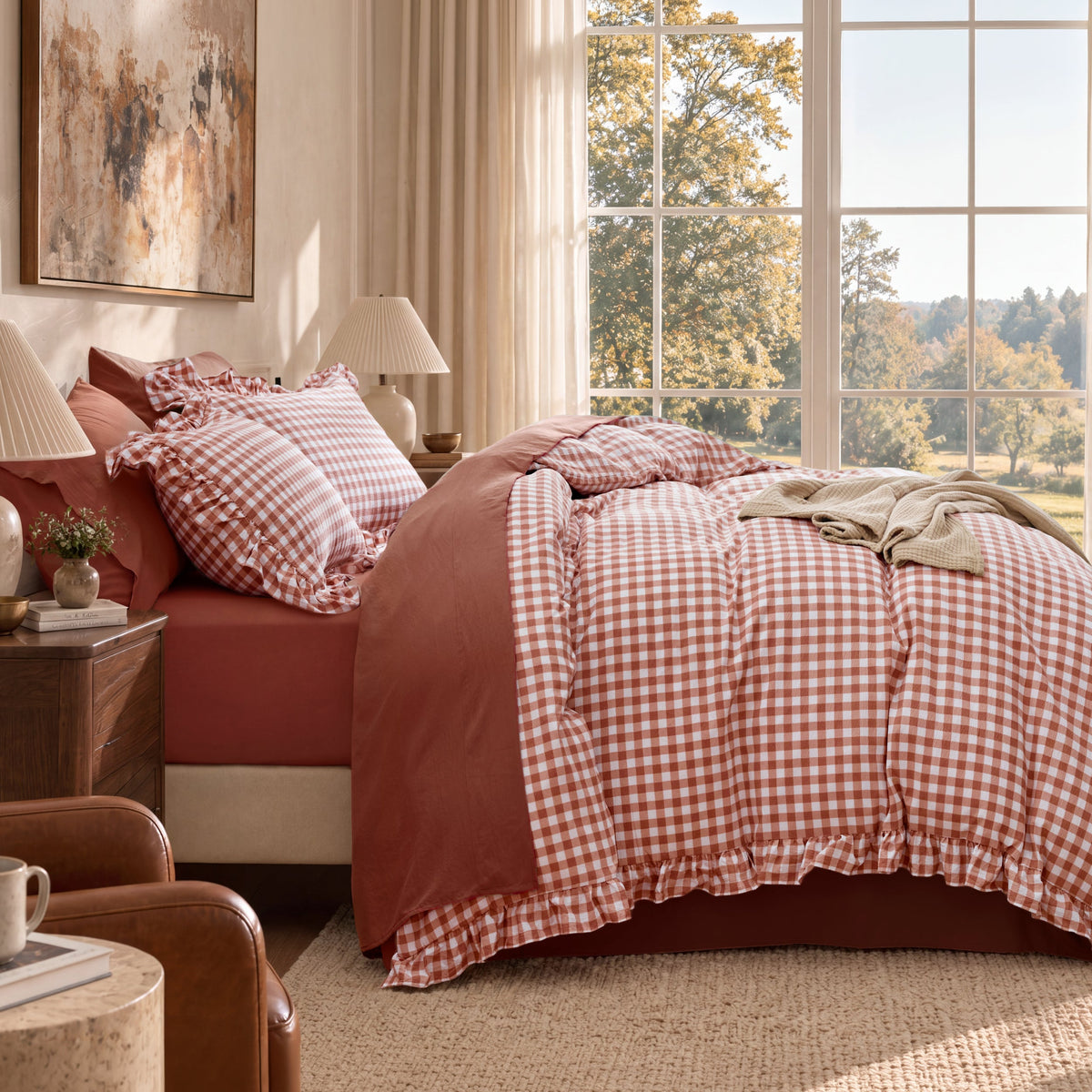 Ruffled Cotton-Like Gingham Duvet Cover Set