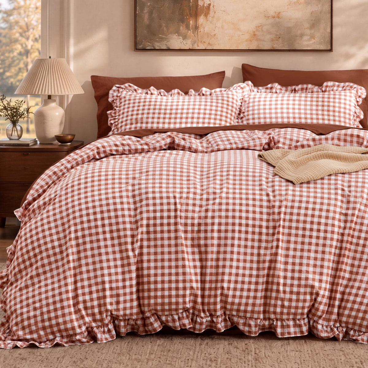 Ruffled Cotton-Like Gingham Duvet Cover Set