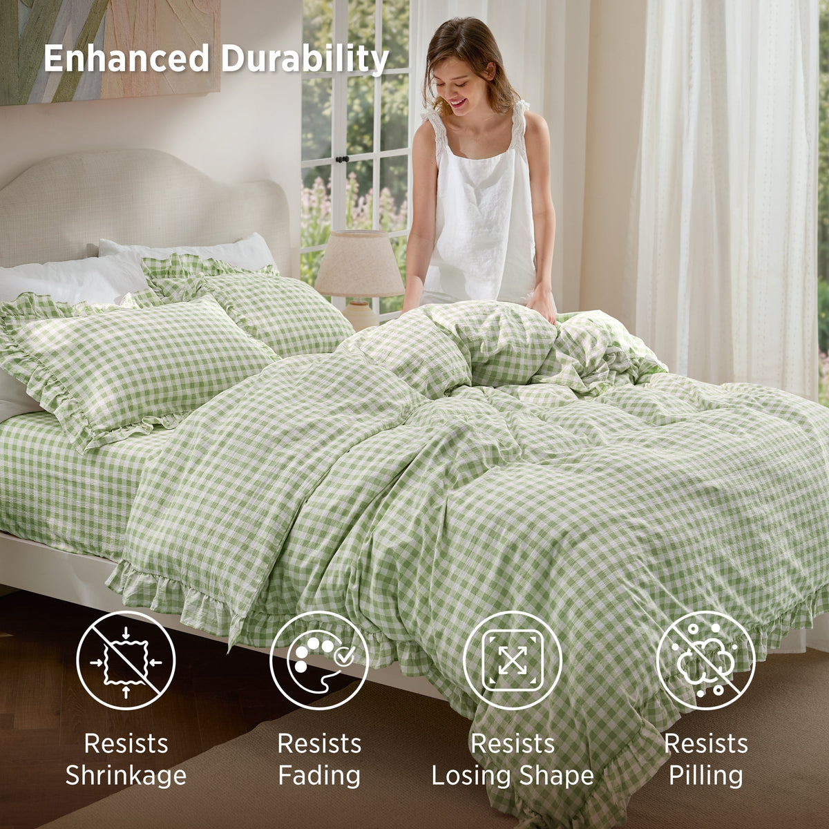 Ruffled Cotton-Like Gingham Duvet Cover Set
