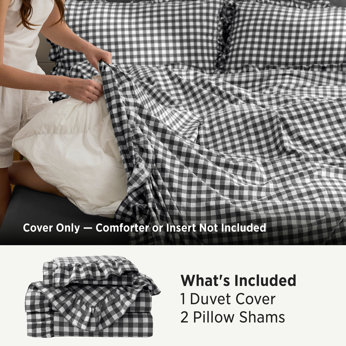 Ruffled Cotton-Like Gingham Duvet Cover Set