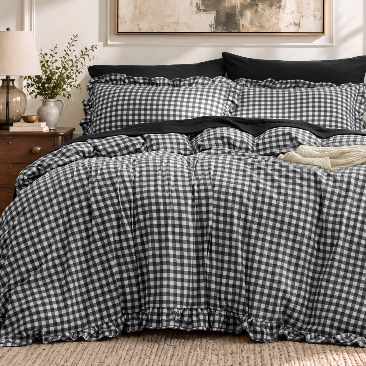 Ruffled Cotton-Like Gingham Duvet Cover Set