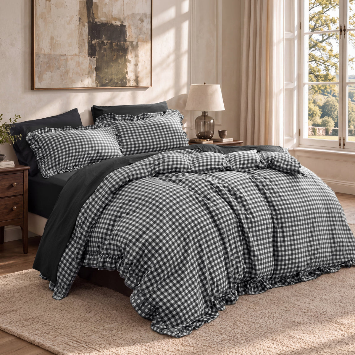 Ruffled Cotton-Like Gingham Duvet Cover Set