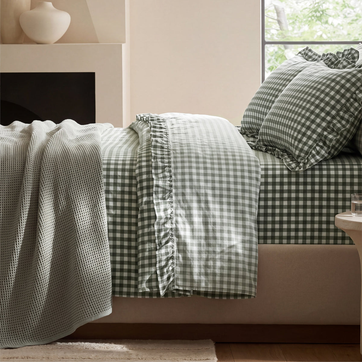 Ruffled Cotton-Like Gingham Sheet Set