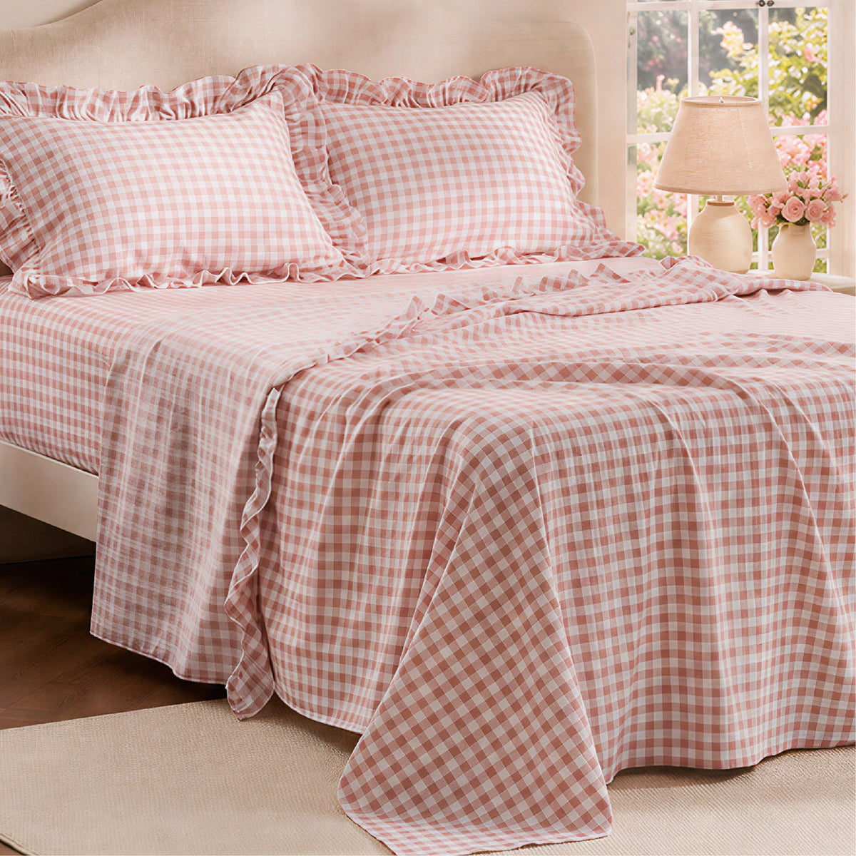Ruffled Cotton-Like Gingham Sheet Set