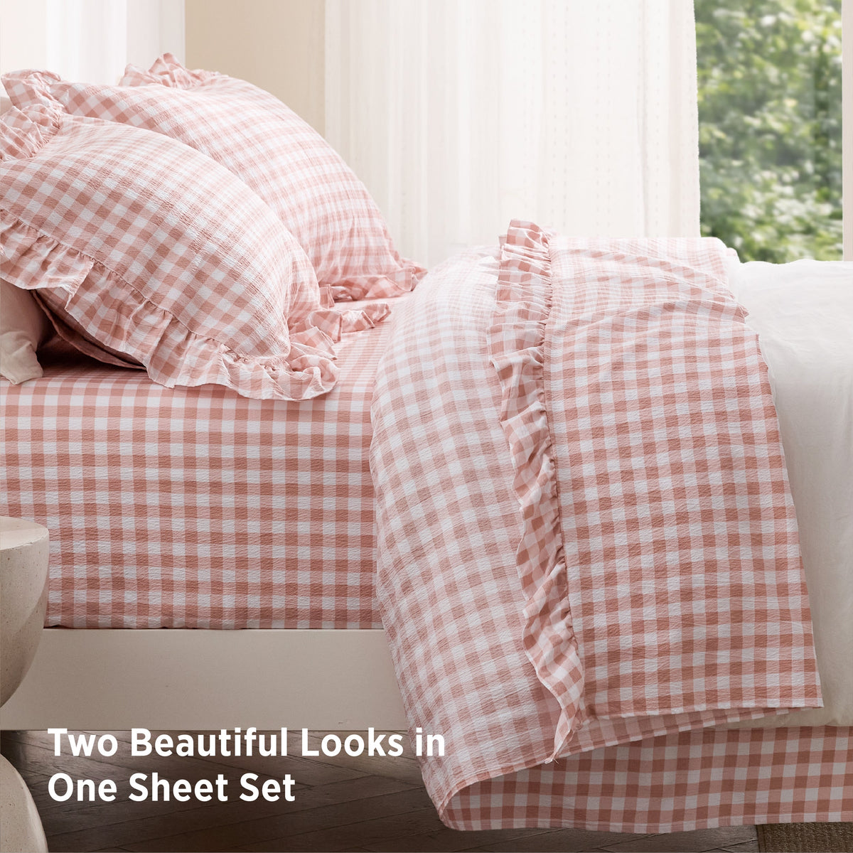 Ruffled Cotton-Like Gingham Sheet Set