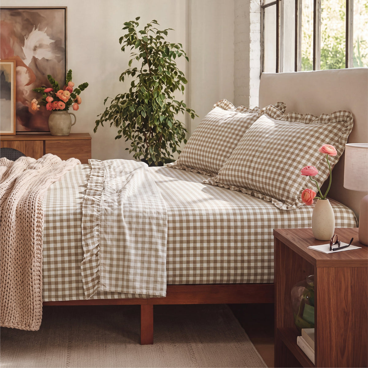 Ruffled Cotton-Like Gingham Sheet Set