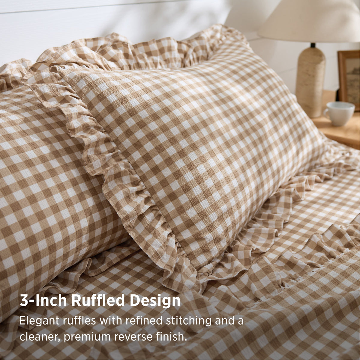 Ruffled Cotton-Like Gingham Sheet Set