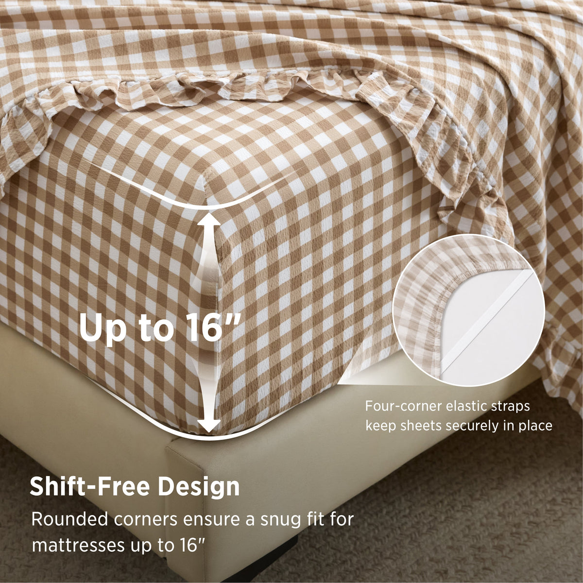 Ruffled Cotton-Like Gingham Sheet Set